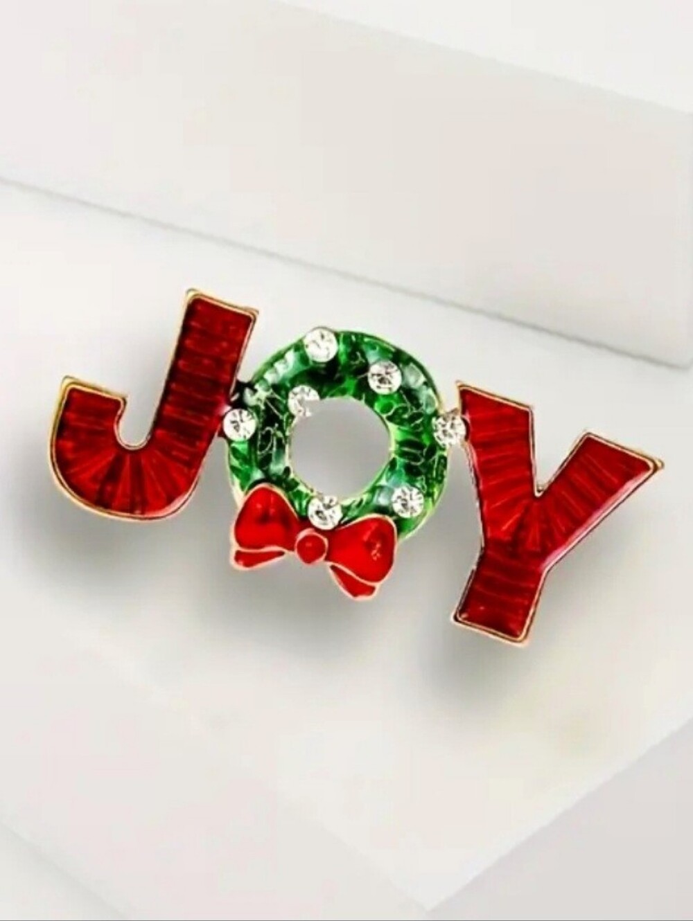 JOY Holiday Enamel Pin with Green Wreath and Red Bow - Picture 5 of 5